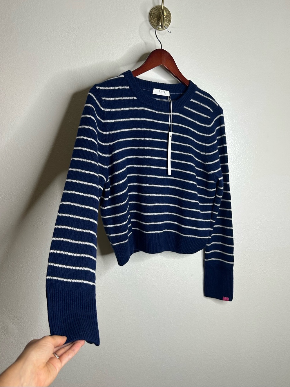 NWT OGD 100% Cashmere Navy White Striped Blakely Cashmere Pullover